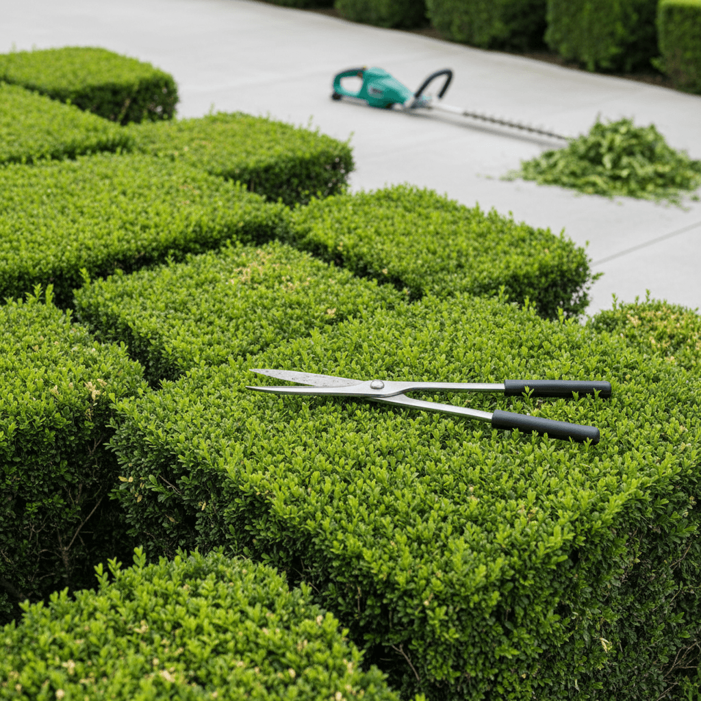 Precisely trimmed hedge with clean geometric lines and professional pruning equipment