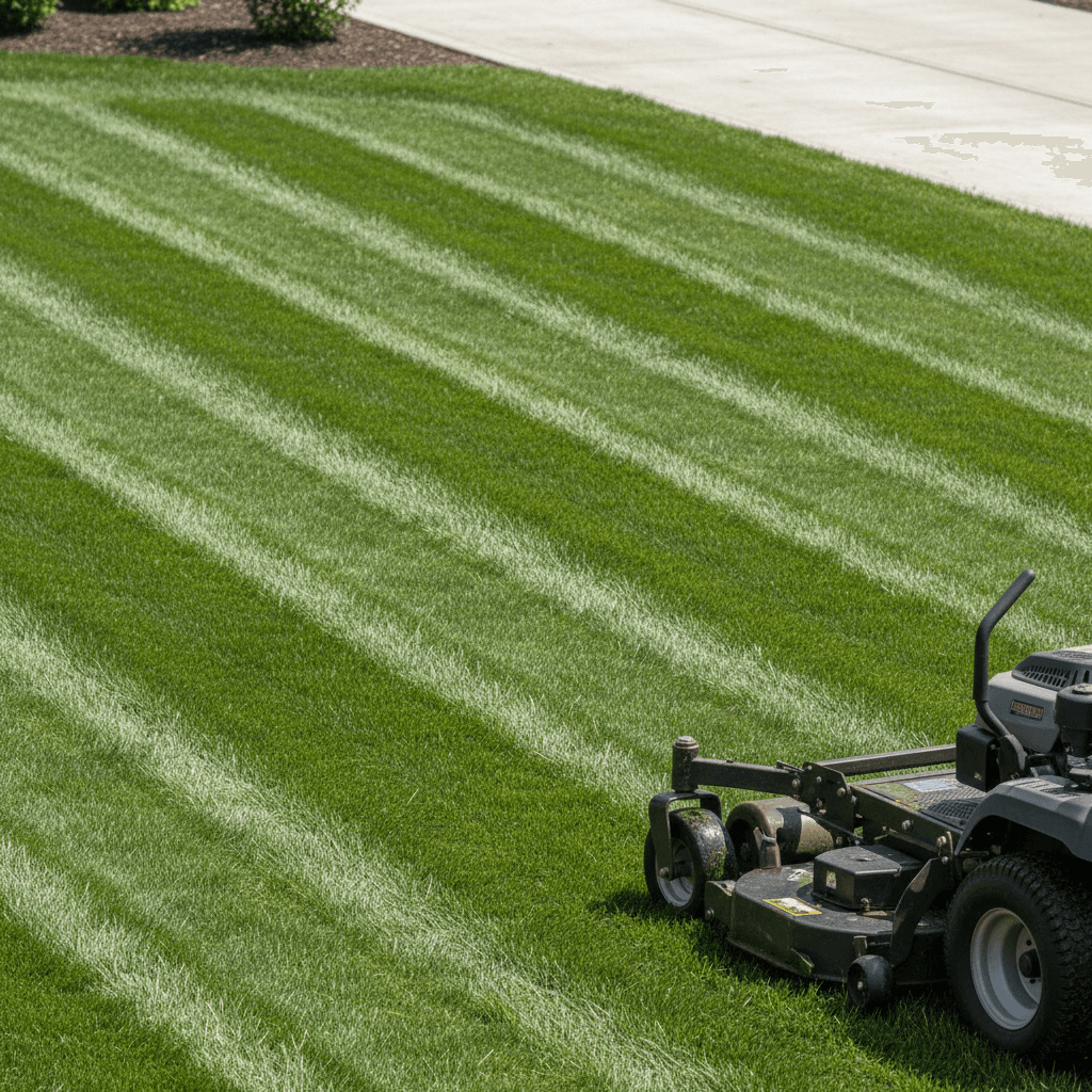 Professional lawn mower creating perfectly striped grass patterns on a well-maintained residential lawn