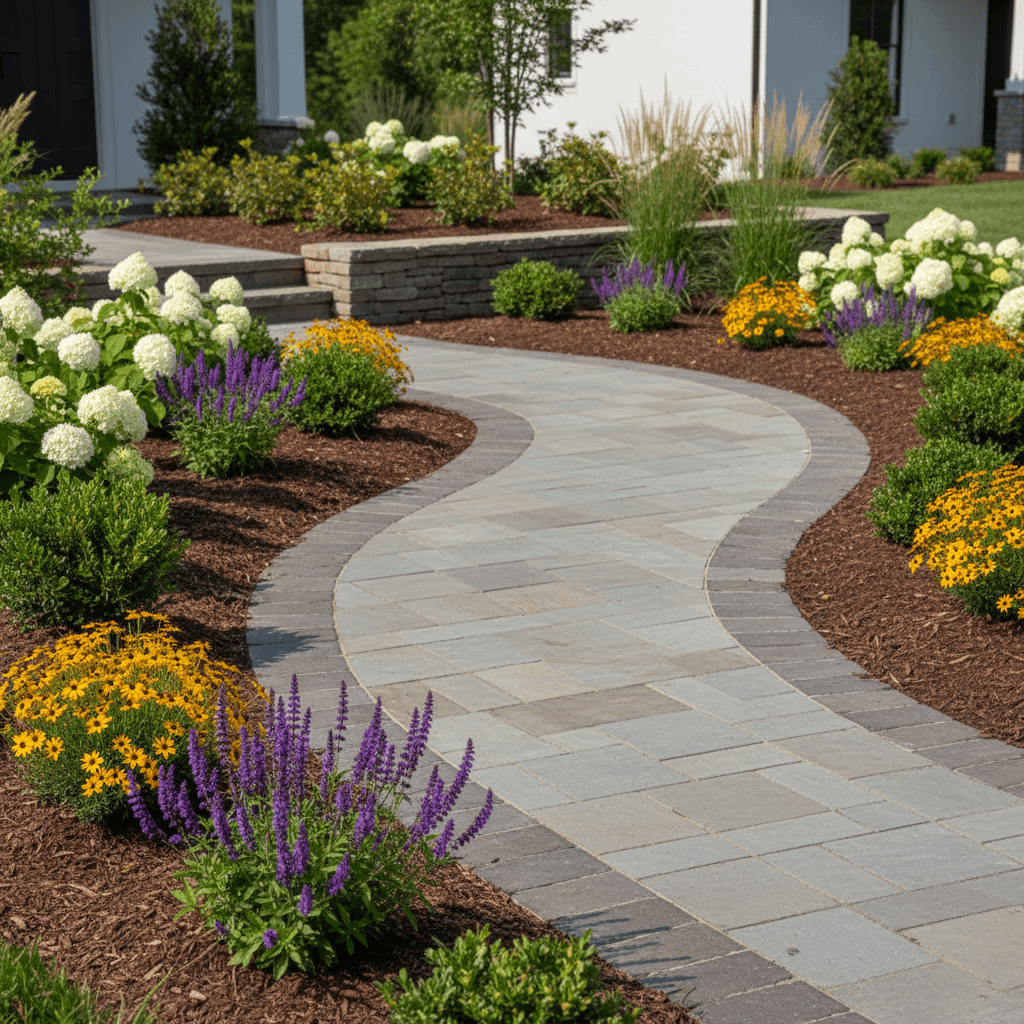 Professional landscaping installation with flower beds, stone pathways, and decorative plants