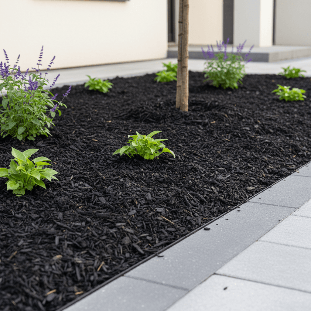 Fresh dark mulch professionally spread around flower beds and trees with clean edges