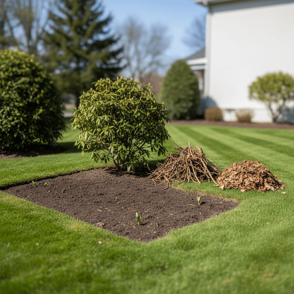 Property after professional spring cleanup showing cleared lawn beds and pruned shrubs