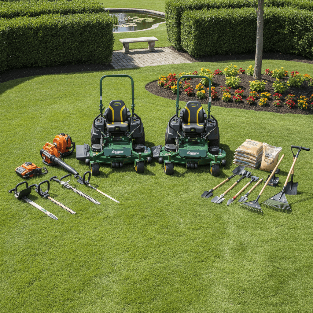 Professional lawn care equipment and tools on a perfectly manicured lawn with neat landscaping