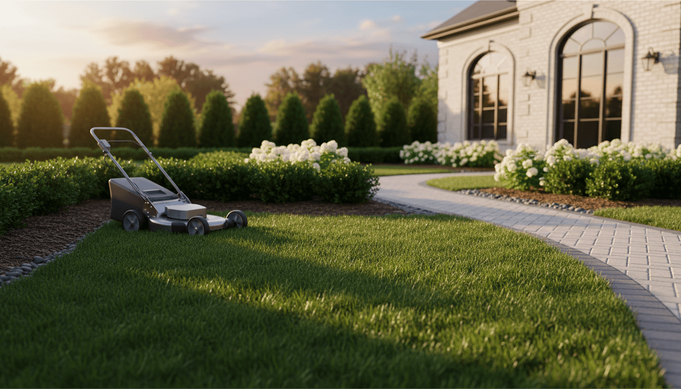 Professionally maintained lawn with lush green grass, trimmed hedges, and clean landscaping showcasing premium lawn care services